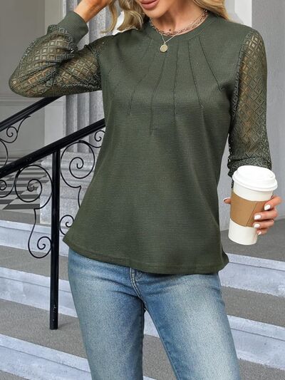 Waffle-Knit Round Neck Long Sleeve Blouse - Charming Charlie