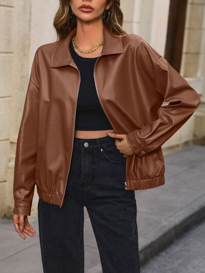 Pocketed Zip Up Collared Neck Jacket - Charming Charlie