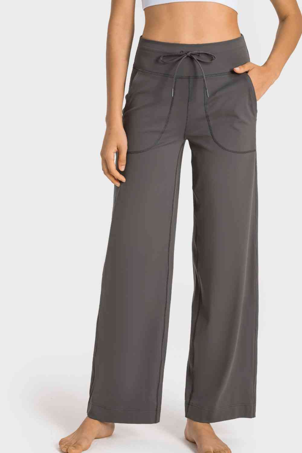 Drawstring Waist Wide Leg Sports Pants with Pockets - Charming Charlie