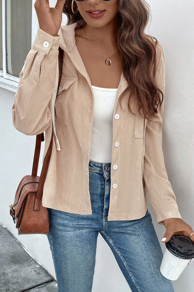 Ribbed Button Up Drawstring Hooded Jacket - Charming Charlie
