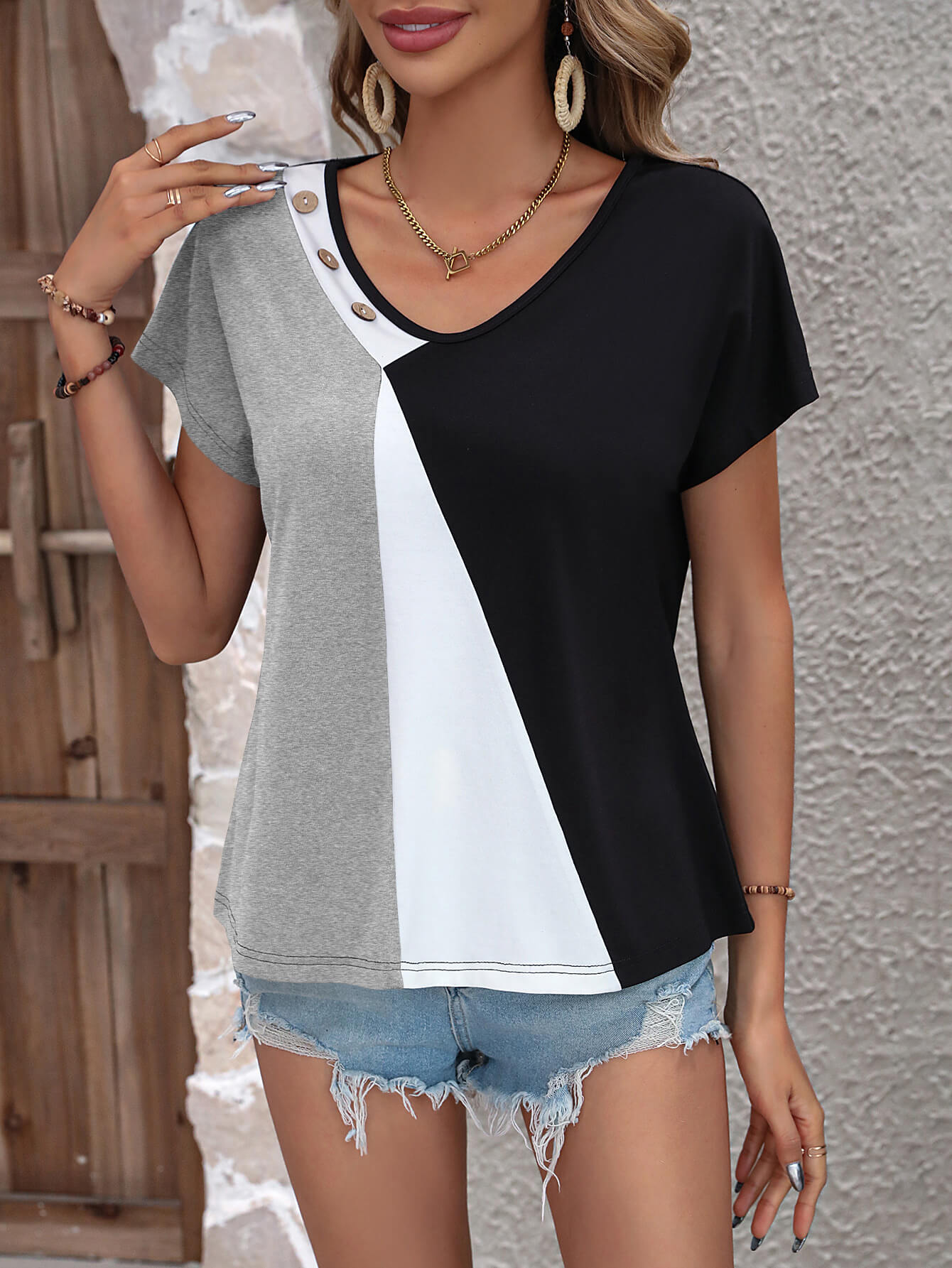 Color Block Decorative Button V-Neck Tee - Charming Charlie