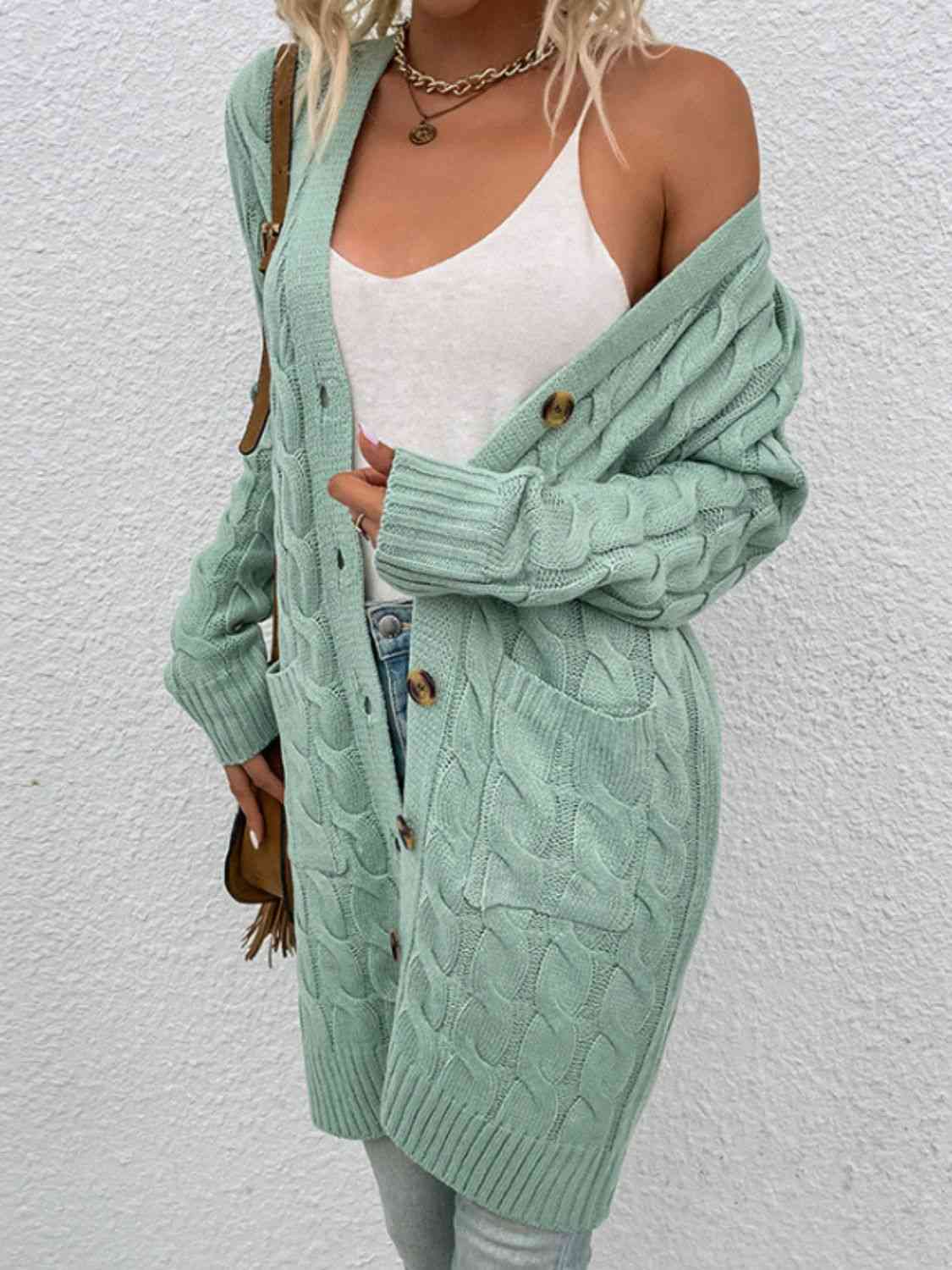 Cable-Knit Button Down Cardigan with Pockets - Charming Charlie