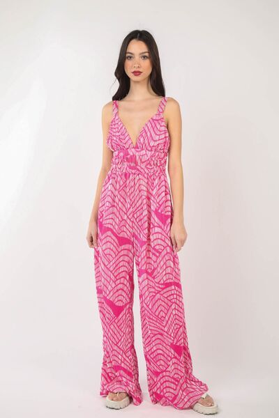 VERY J Printed Pleated Sleeveless Wide Leg Jumpsuit - Charming Charlie
