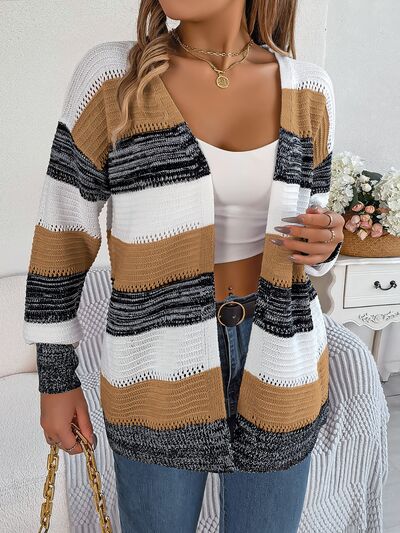 Openwork Striped Open Front Cardigan - Charming Charlie