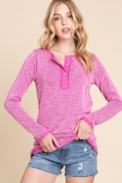 Reborn J Contrast Trim Half Button Long Sleeve T-Shirt - Charming Charlie