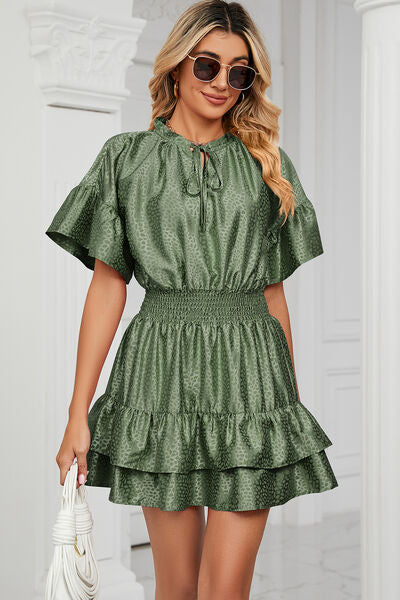 Smocked Tie Neck Flounce Sleeve Dress - Charming Charlie