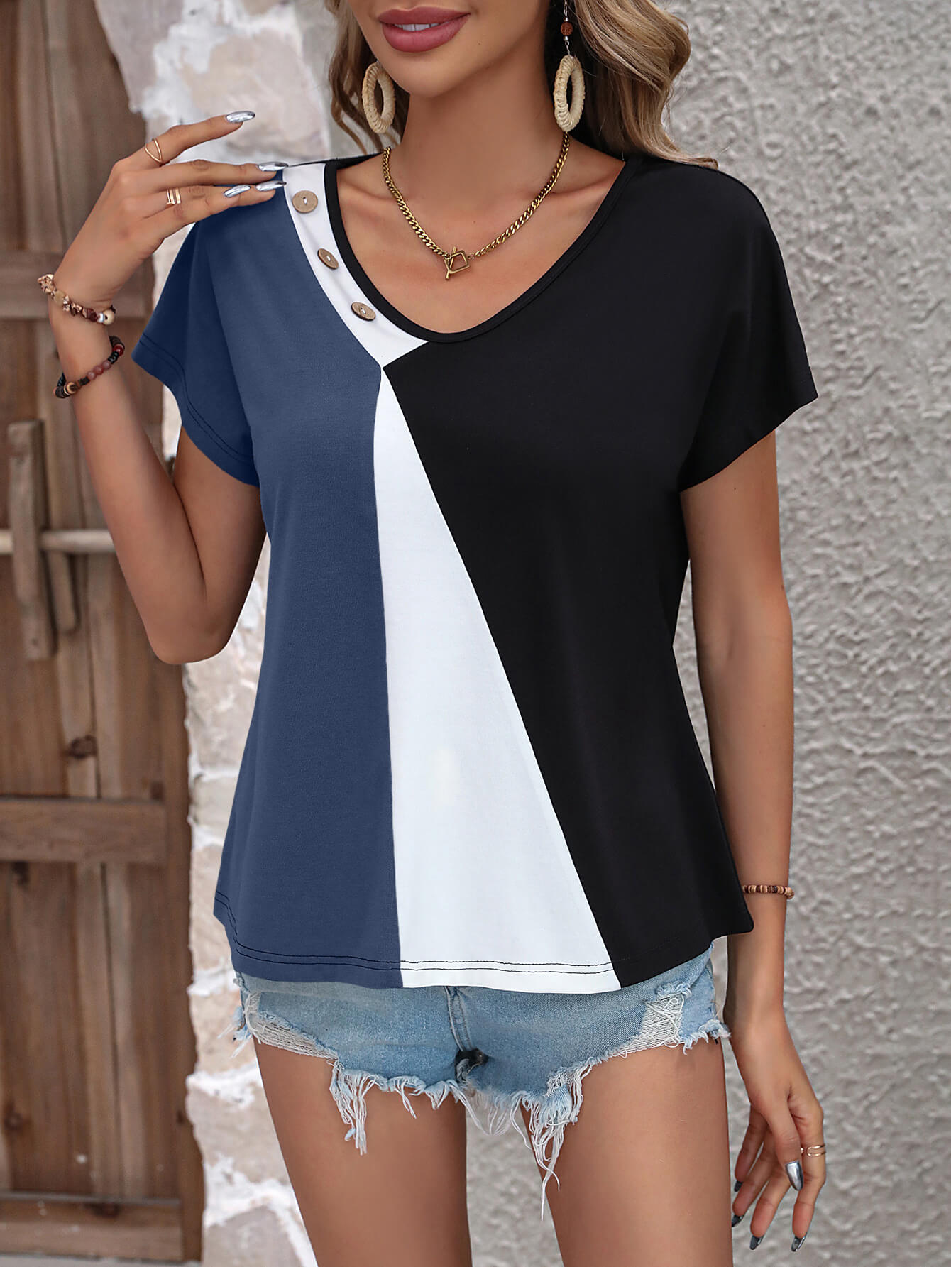 Color Block Decorative Button V-Neck Tee - Charming Charlie
