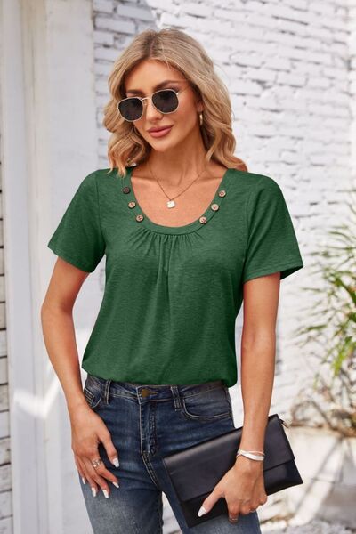 Decorative Button Scoop Neck T-Shirt - Charming Charlie