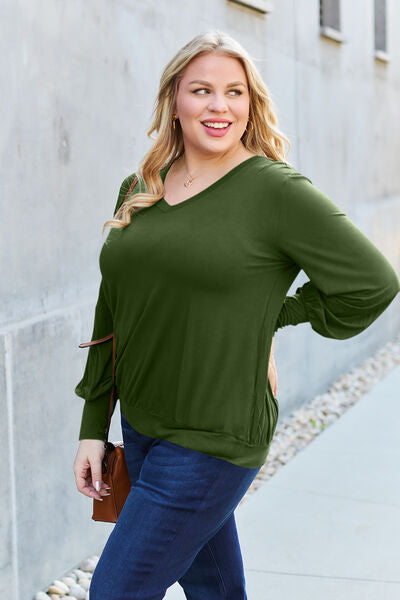 Basic Bae Full Size V-Neck Lantern Sleeve Blouse - Charming Charlie