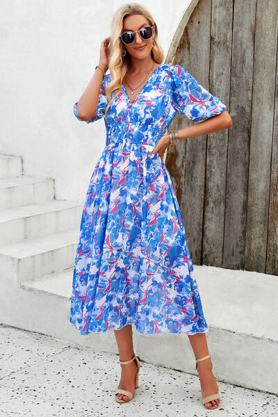 Smocked Printed V-Neck Short Sleeve Dress - Charming Charlie