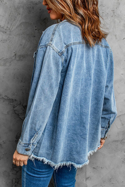 Button Up Pocketed Raw Hem Denim Jacket - Charming Charlie