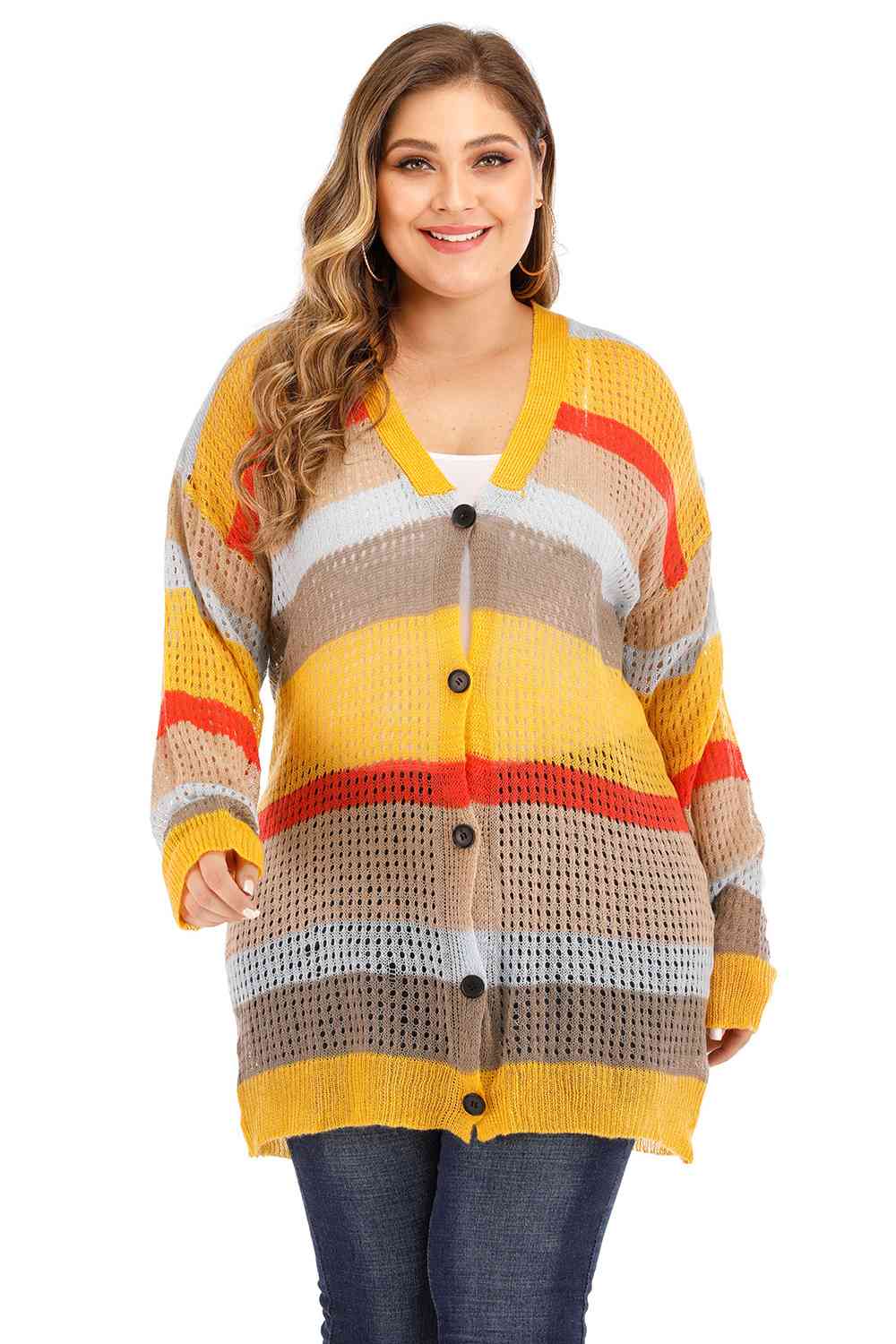 Plus Openwork Color Block Button Up Cardigan - Charming Charlie