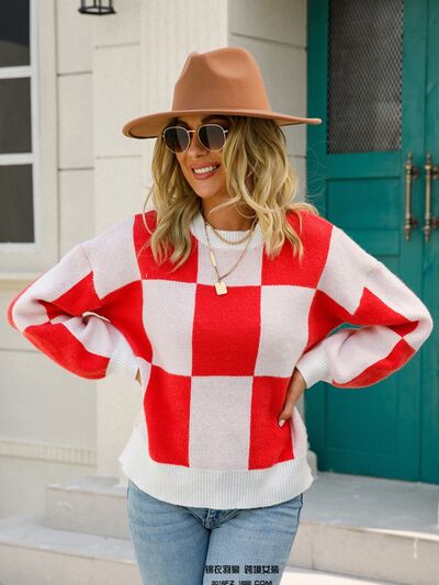 Checkered Round Neck Dropped Shoulder Sweater - Charming Charlie