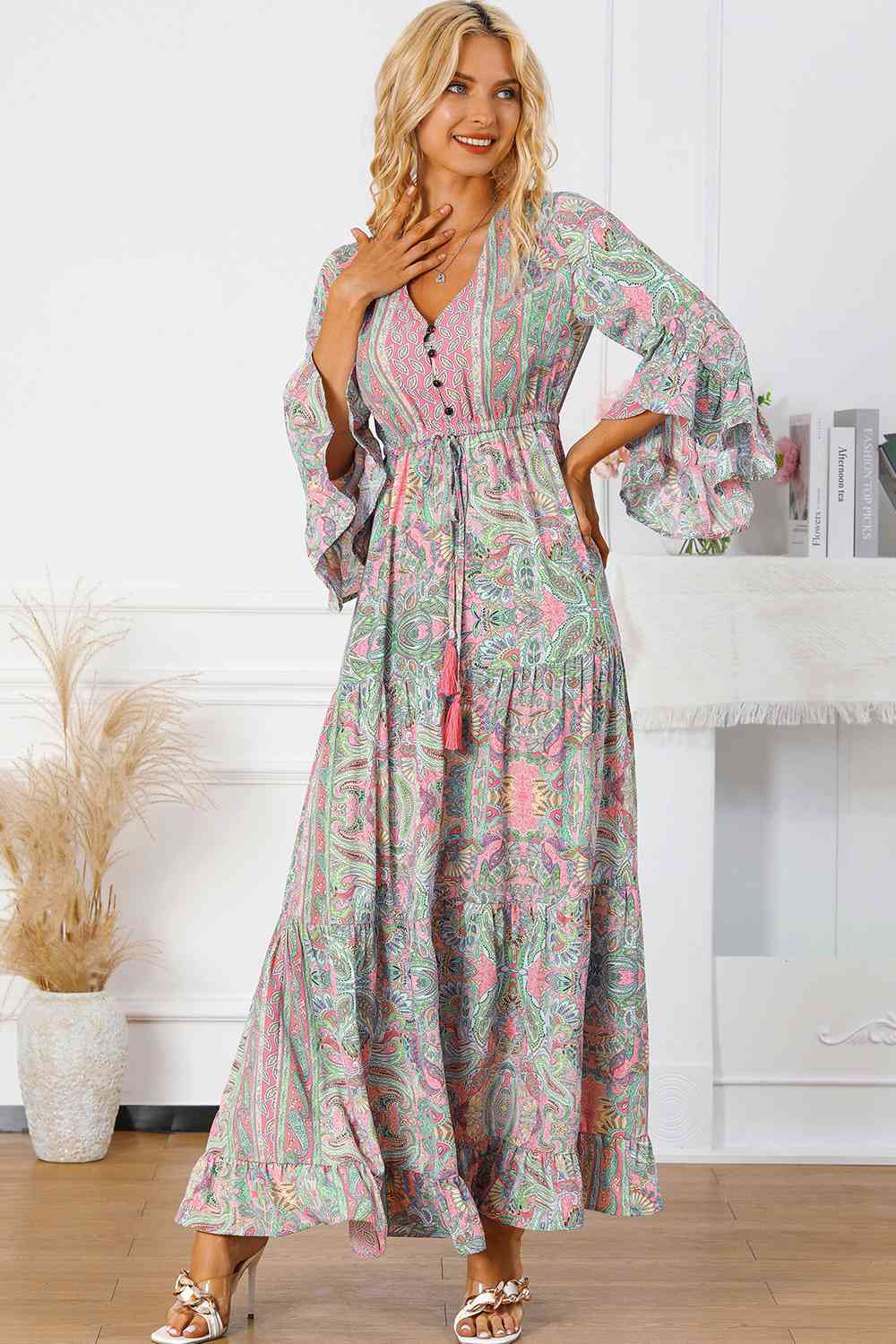 Printed Tassel Tie V-Neck Tiered Dress - Charming Charlie