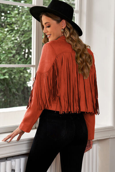 Fringe Trim Lapel Collar Cropped Blazer - Charming Charlie