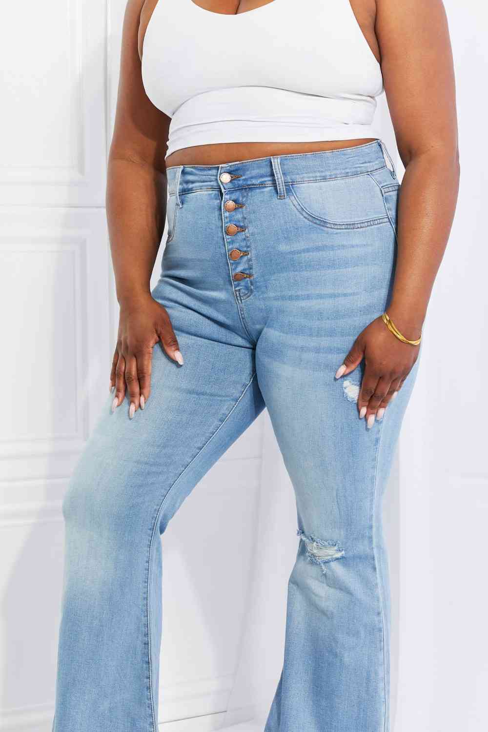 Vibrant MIU Full Size Jess Button Flare Jeans - Charming Charlie