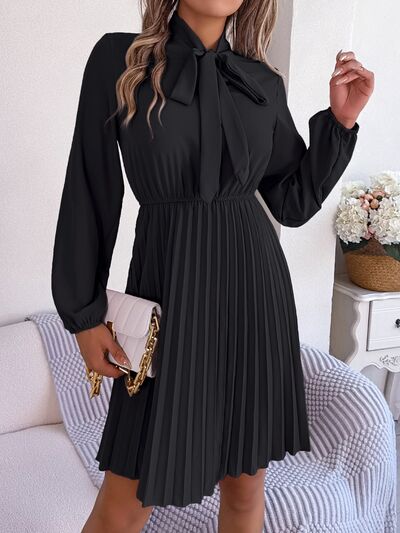 Tie Neck Balloon Sleeve Pleated Dress - Charming Charlie