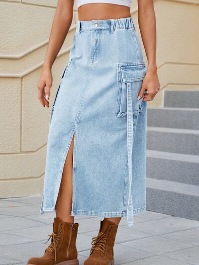 Slit Pocketed High Waist Denim Skirt - Charming Charlie