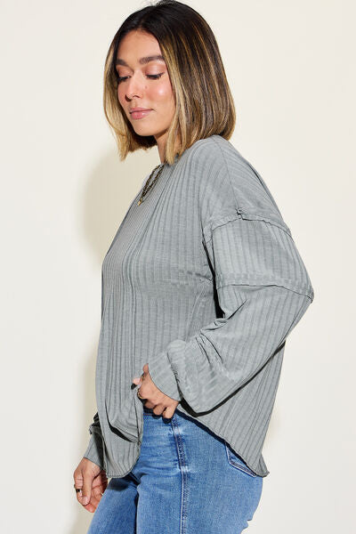 Basic Bae Full Size Ribbed Round Neck Long Sleeve T-Shirt - Charming Charlie