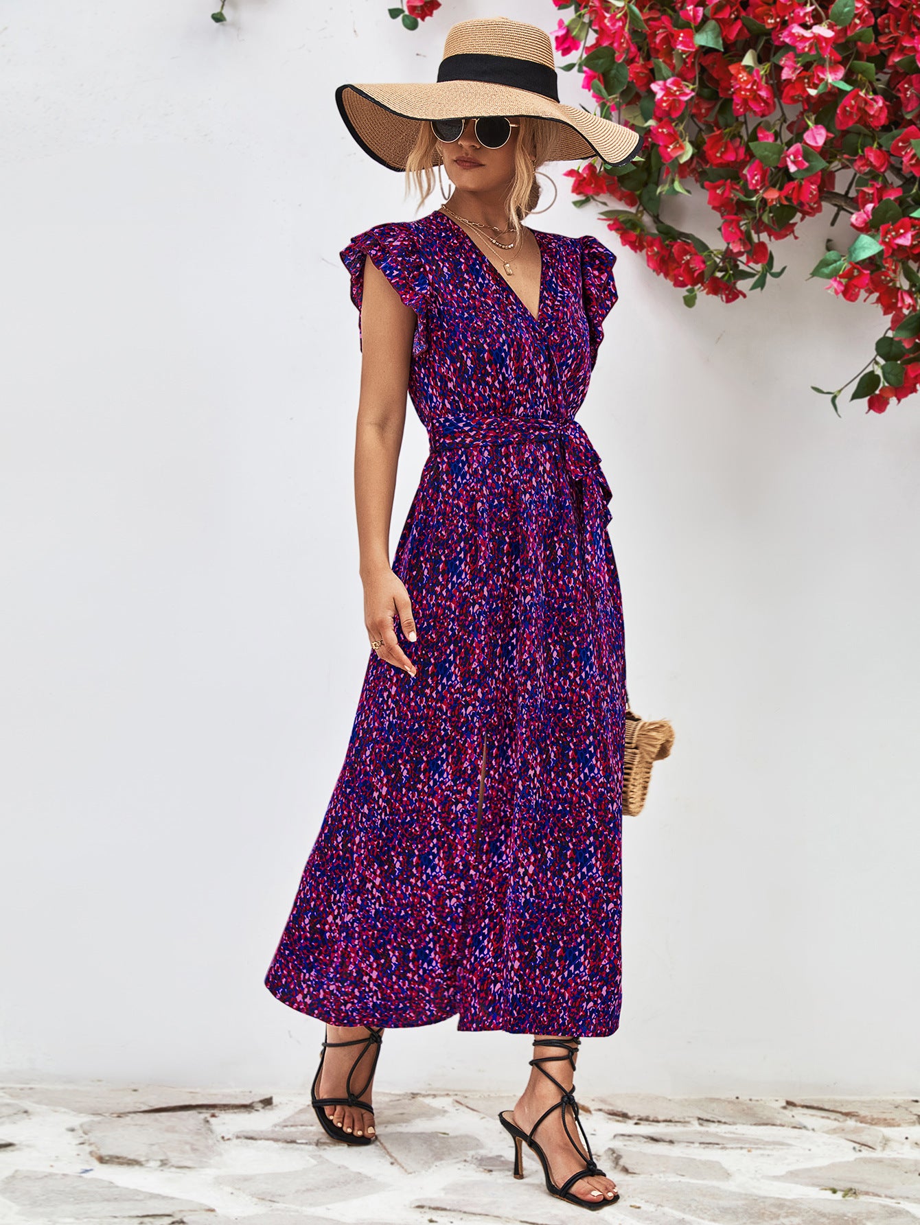 Printed Surplice Neck Flutter Sleeve Slit Dress - Charming Charlie