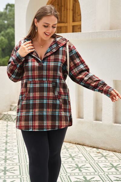 Plus Size Drawstring Plaid Quarter Button Hoodie - Charming Charlie