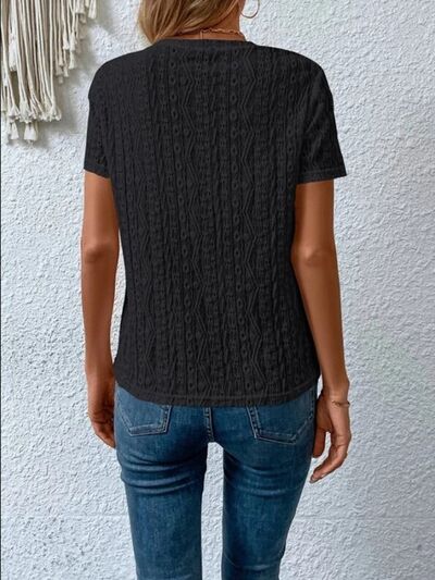 Eyelet Round Neck Short Sleeve T-Shirt - Charming Charlie