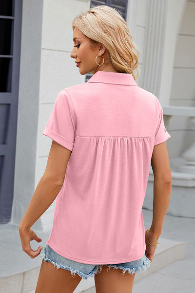 Ruched Johnny Collar Short Sleeve Blouse - Charming Charlie