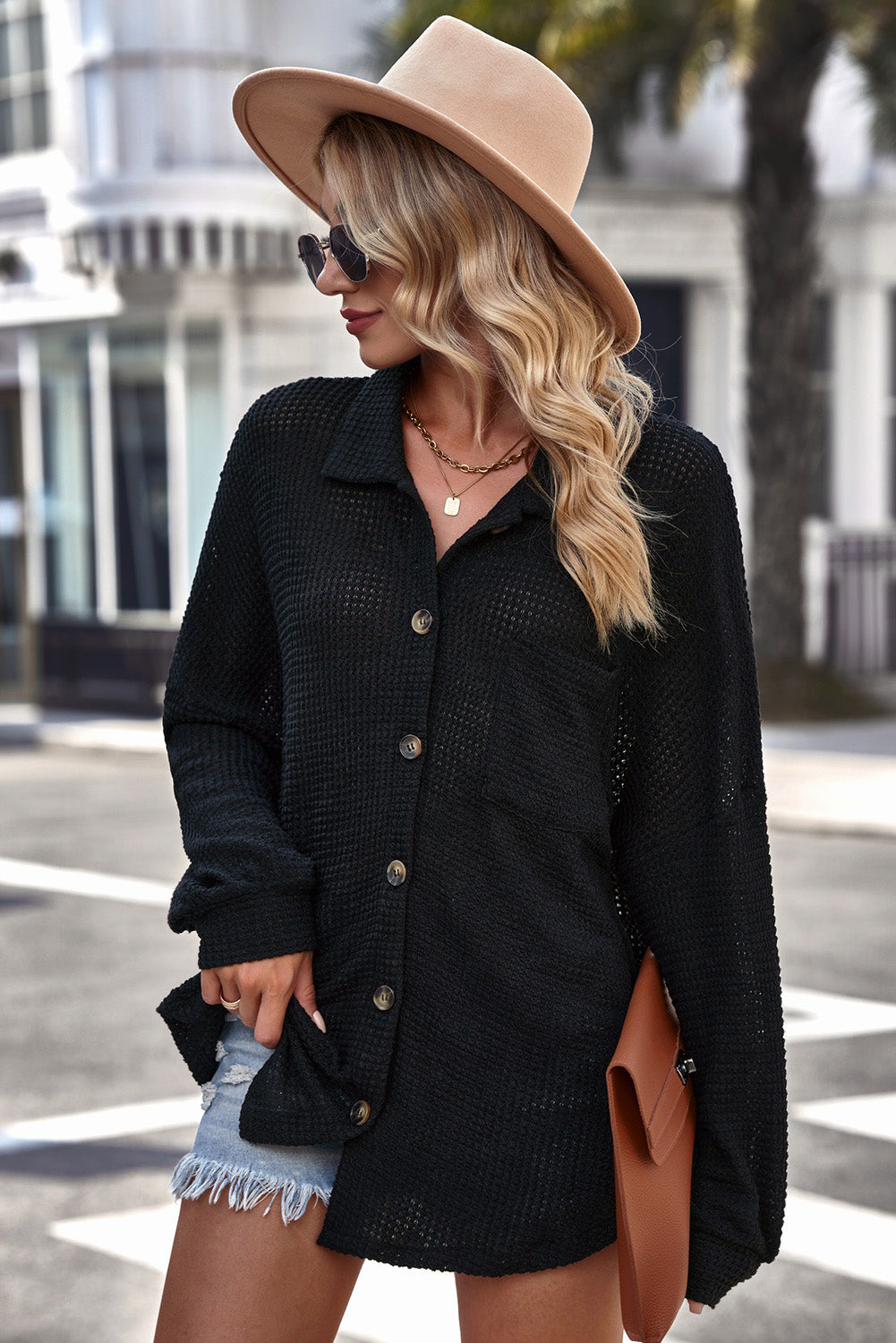 Waffle-Knit Collared Neck Dropped Shoulder Shirt - Charming Charlie