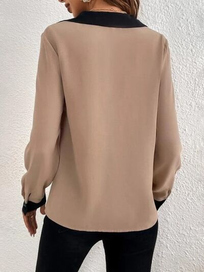 Contrast Trim V-Neck Long Sleeve Blouse - Charming Charlie