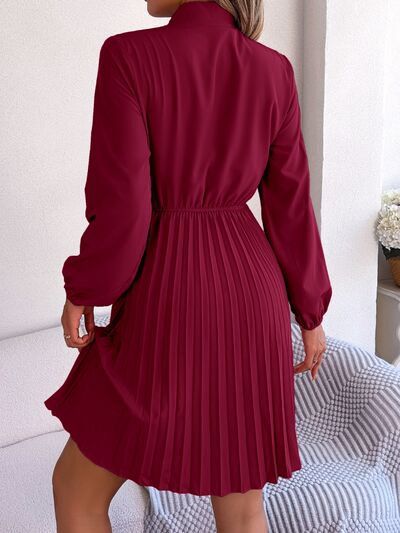 Tie Neck Balloon Sleeve Pleated Dress - Charming Charlie