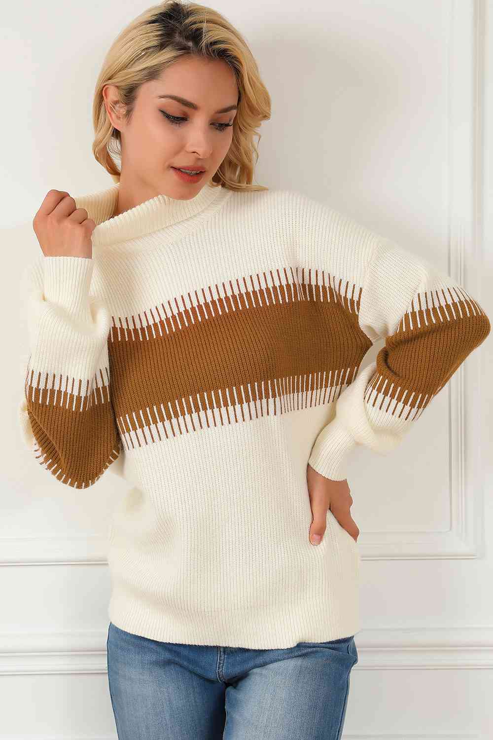 Contrast Turtleneck Long Sleeve Sweater - Charming Charlie