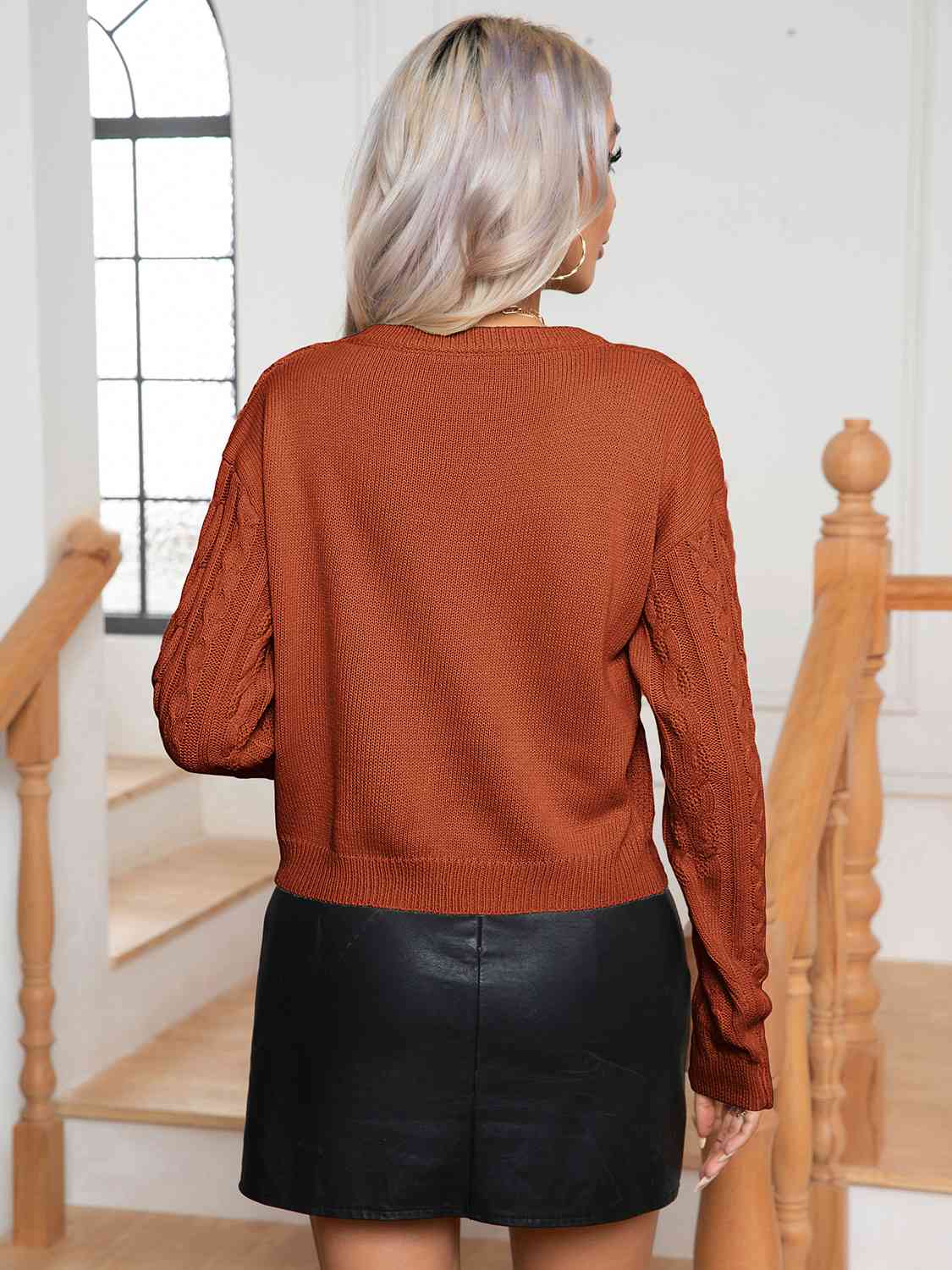 Cable-Knit Round Neck Long Sleeve Sweater - Charming Charlie