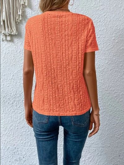 Eyelet Round Neck Short Sleeve T-Shirt - Charming Charlie