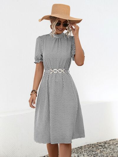 Printed Mock Neck Flounce Sleeve Dress - Charming Charlie