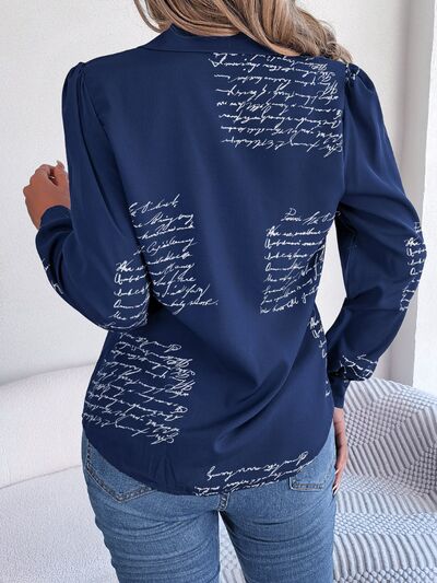 Letter Printed Button Up Long Sleeve Blouse - Charming Charlie