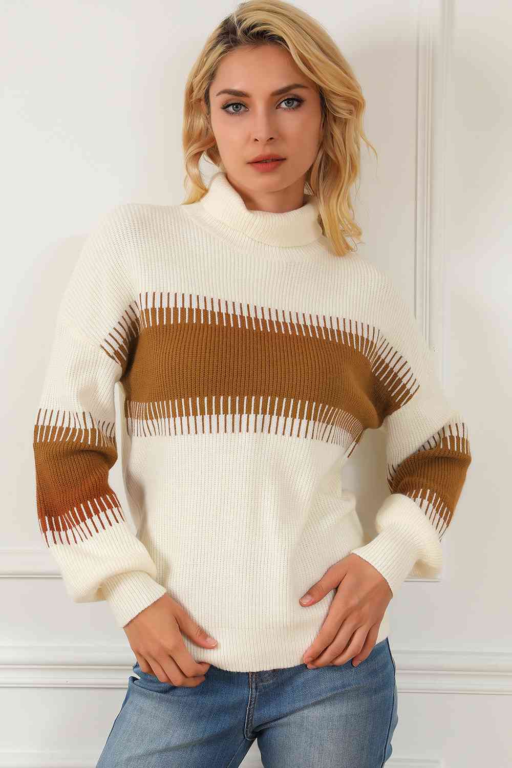 Contrast Turtleneck Long Sleeve Sweater - Charming Charlie