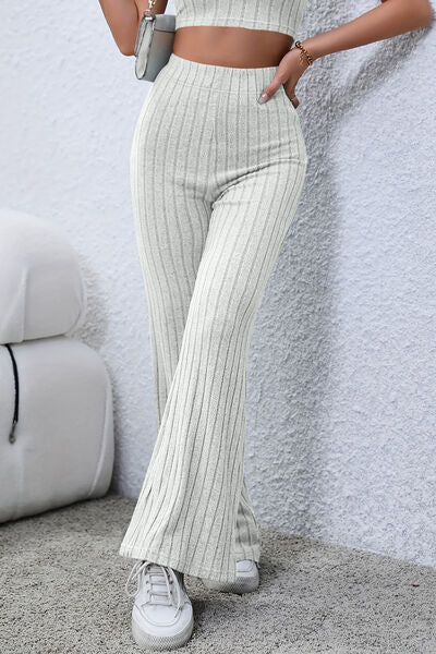 Basic Bae Full Size Ribbed High Waist Flare Pants - Charming Charlie
