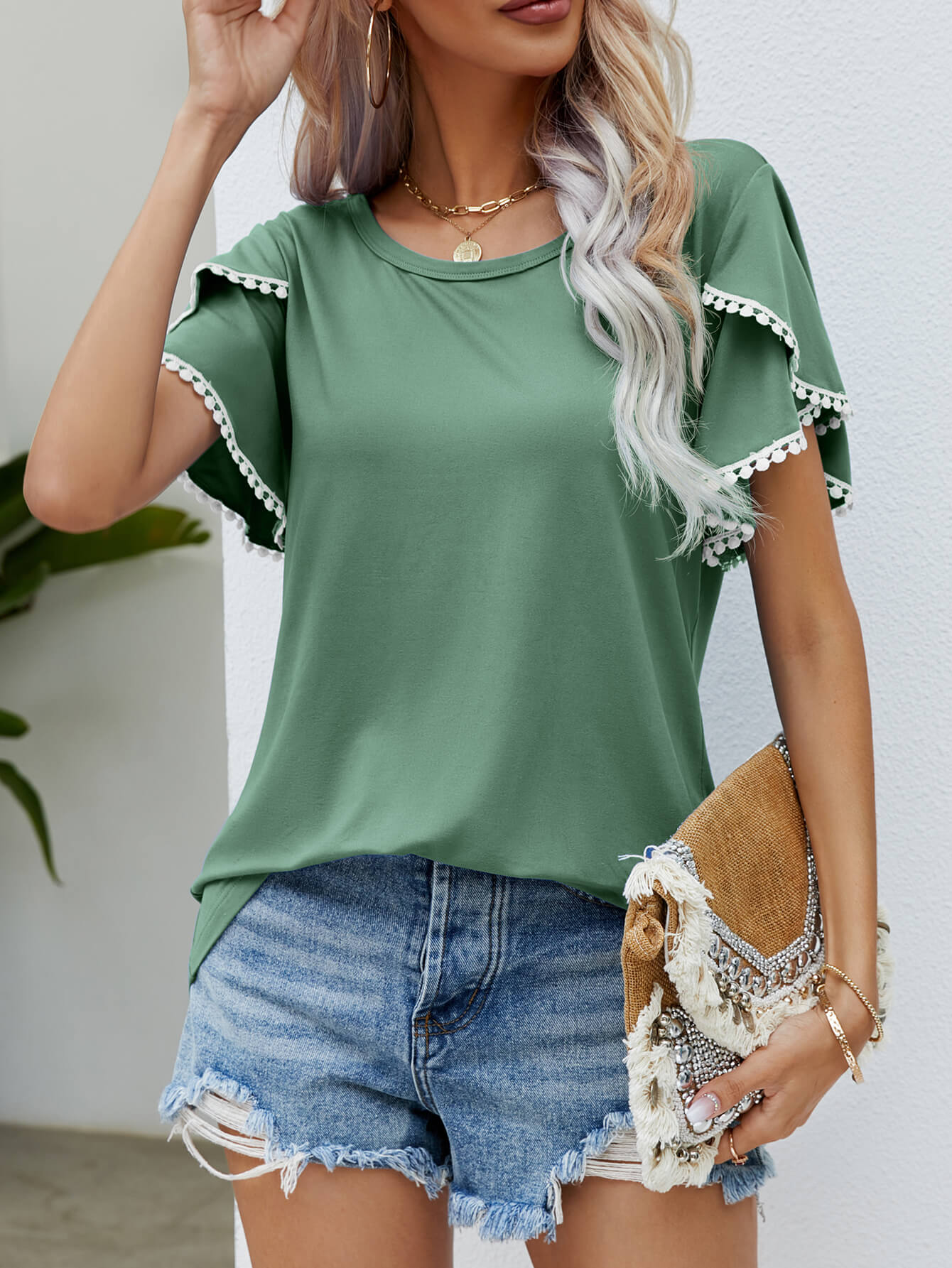 Pom-Pom Trim Flutter Sleeve Round Neck Tee - Charming Charlie