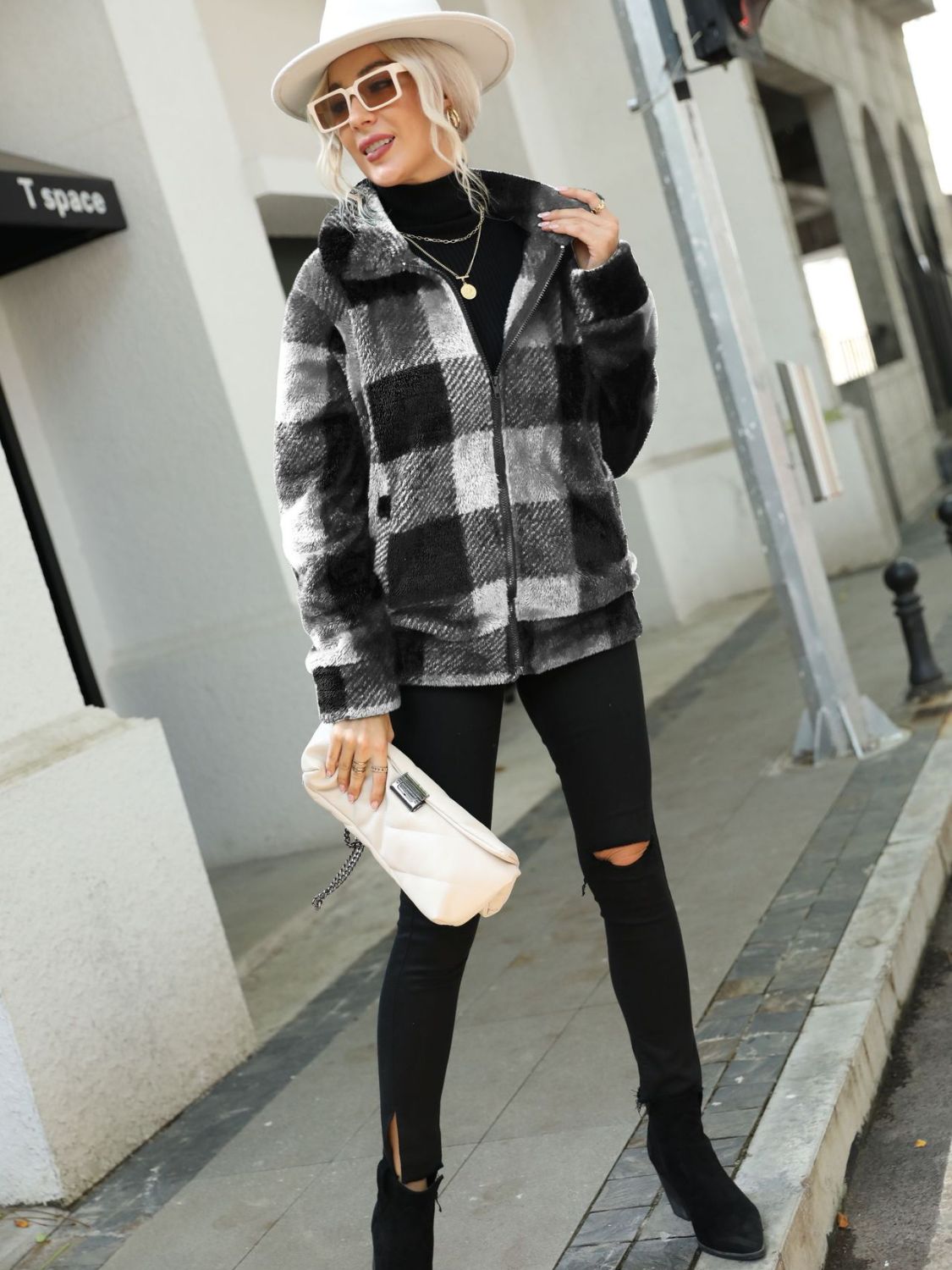 Plaid Zip-Up Collared Jacket - Charming Charlie