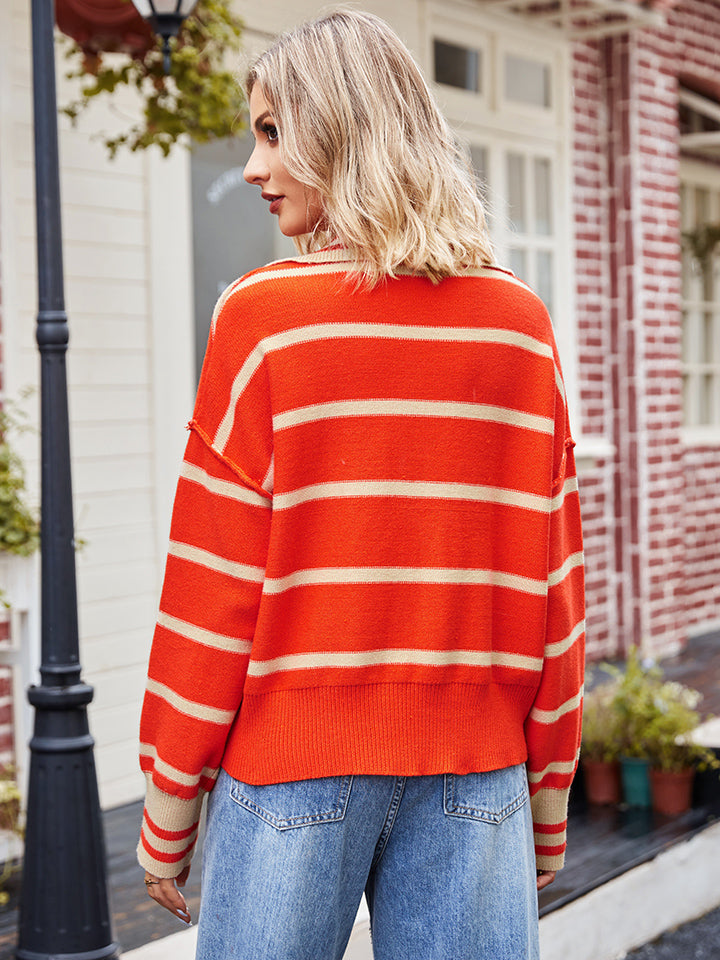 Striped Dropped Shoulder Notched Neck Knit Top - Charming Charlie