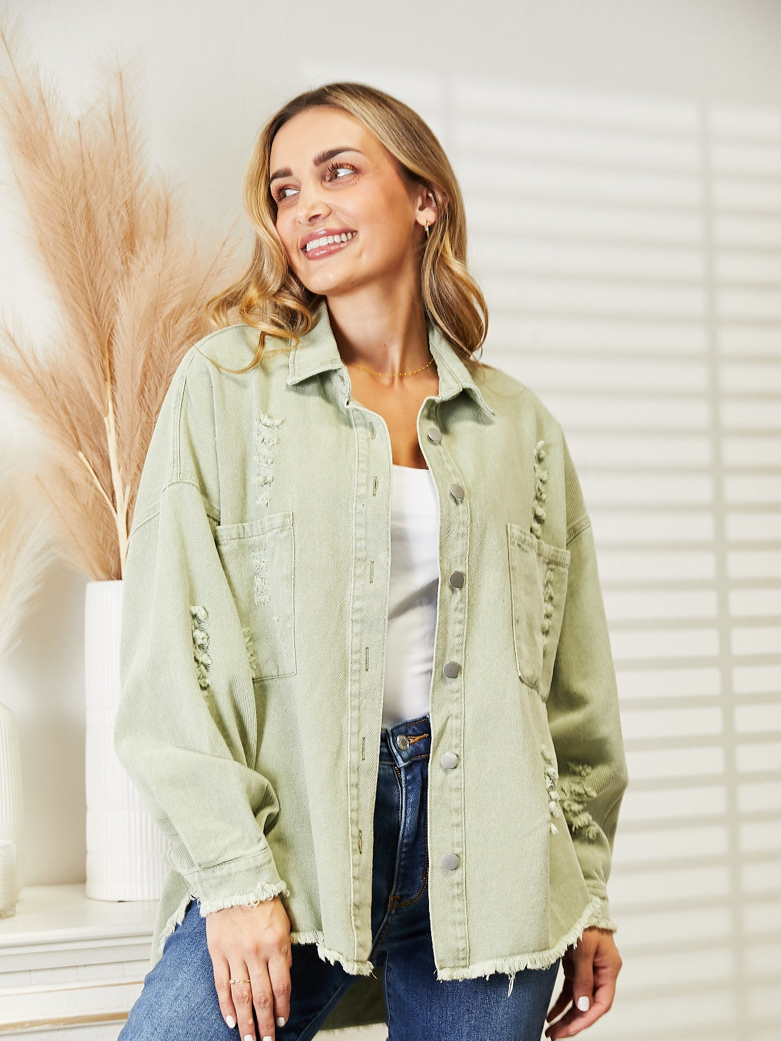Distressed Raw Hem Denim Jacket - Charming Charlie