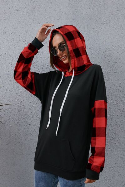 Plaid Drawstring Dropped Shoulder Hoodie - Charming Charlie