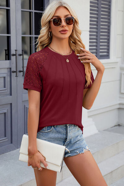 Openwork Round Neck Short Sleeve T-Shirt - Charming Charlie