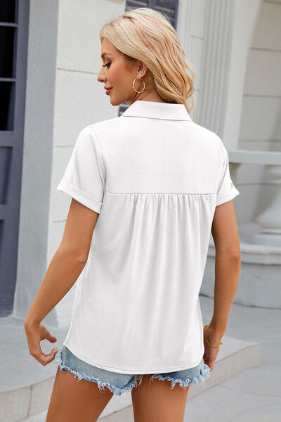 Ruched Johnny Collar Short Sleeve Blouse - Charming Charlie