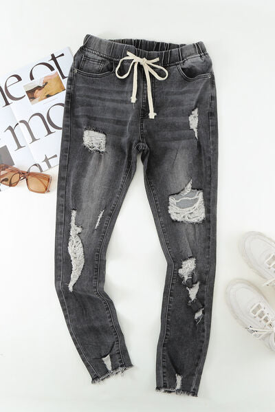 Drawstring Distressed Raw Hem Jeans with Pockets - Charming Charlie