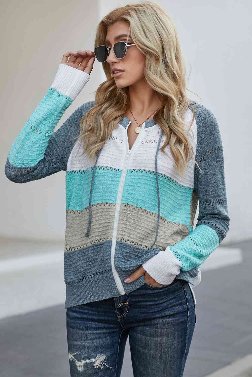 Zip-Up Raglan Sleeve Openwork Hooded Cardigan - Charming Charlie