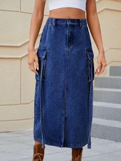 Slit Pocketed High Waist Denim Skirt - Charming Charlie