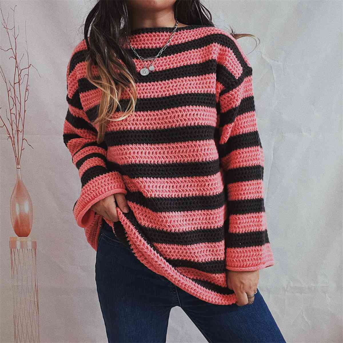 Striped Round Neck Long Sleeve Sweater - Charming Charlie