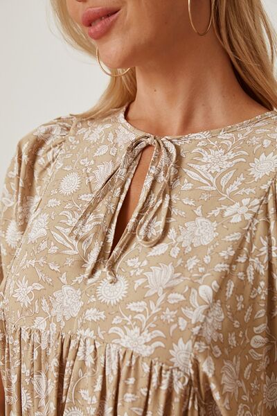 Floral Tie Neck Ruched Babydoll Dress - Charming Charlie