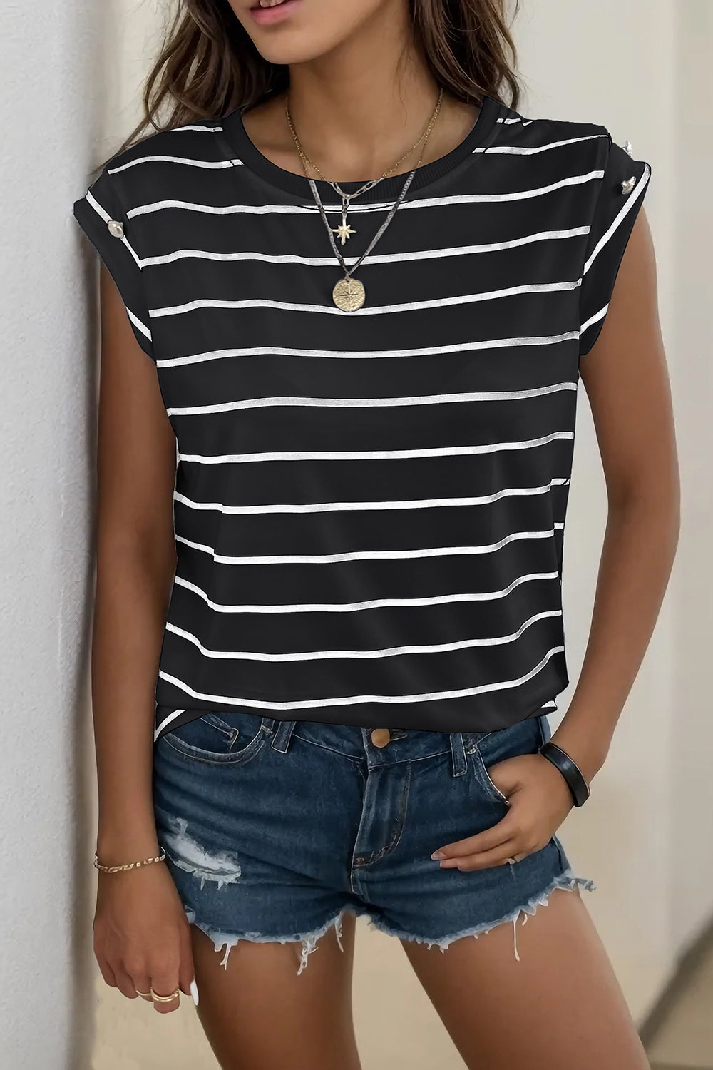 Decorative Button Round Neck T-Shirt - Charming Charlie